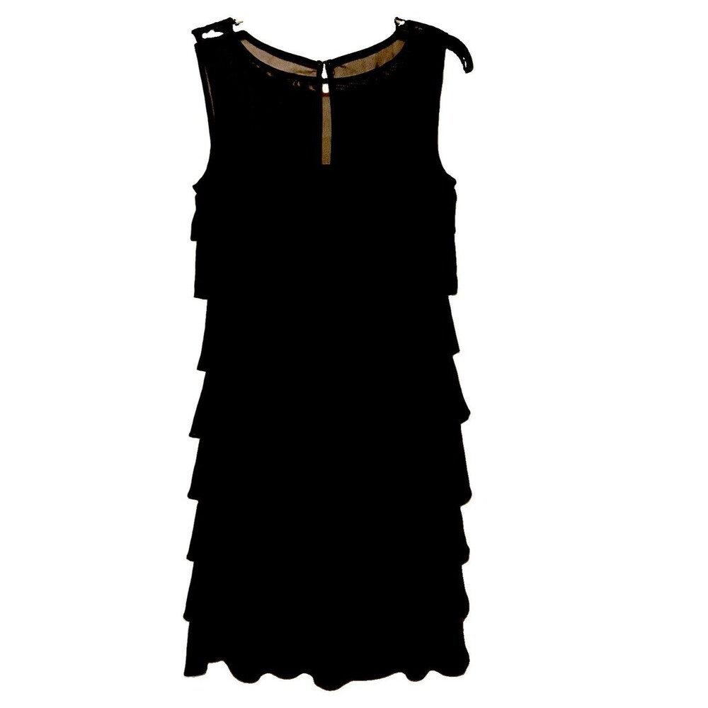 S.L. Fashions Black Chiffon Tiered Ruffle Round Neck Sheath Dress Lined 12